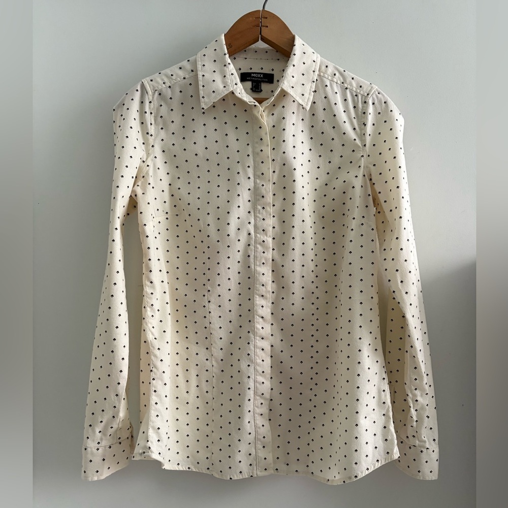 Y2K Mexx Women’s Ivory and Black Spade Design US 6 Button Down Shirt EUC